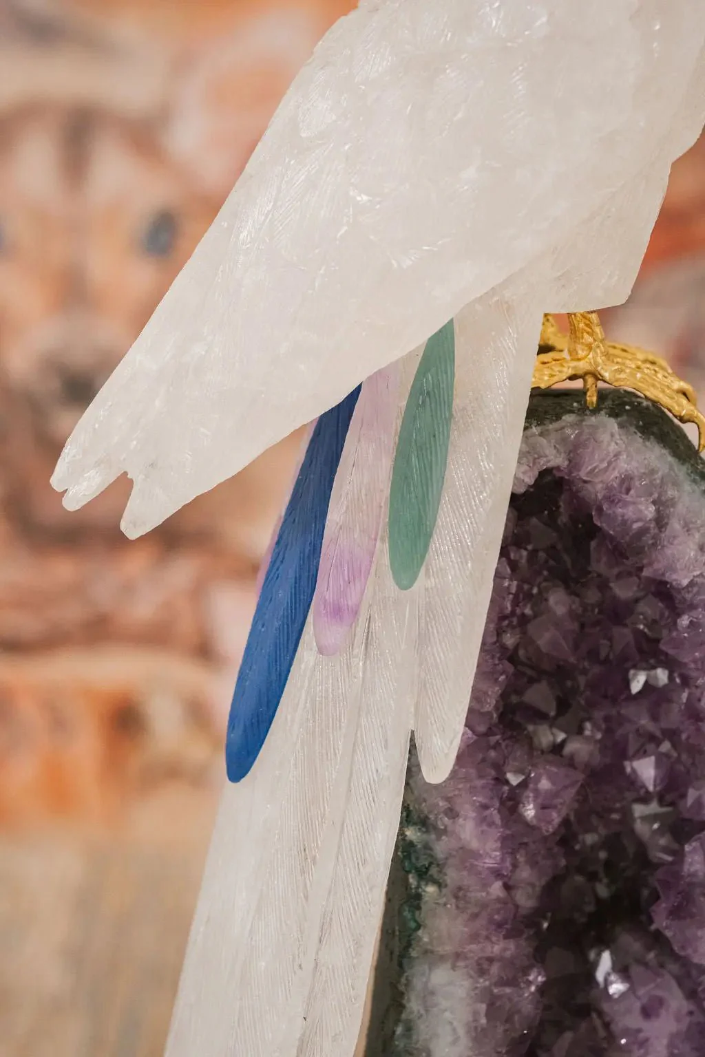 3 Ft Clear Quartz Crystal Parrot On Amethyst Cathedral - Image 8
