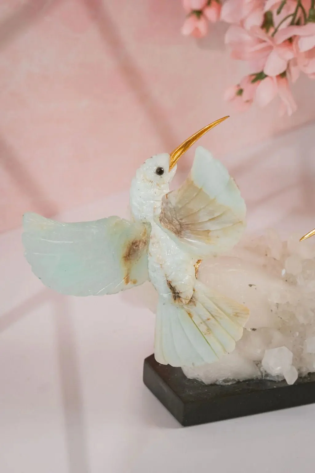 Harmony in Flight: Andean Blue Opal Hummingbird Sculpture on Quartz Base - Image 10
