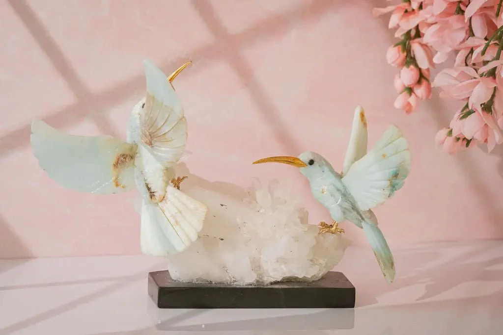 Harmony in Flight: Andean Blue Opal Hummingbird Sculpture on Quartz Base - Image 3