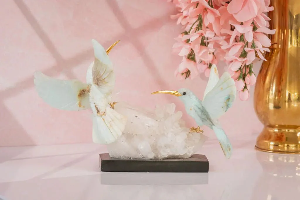Harmony in Flight: Andean Blue Opal Hummingbird Sculpture on Quartz Base - Image 5