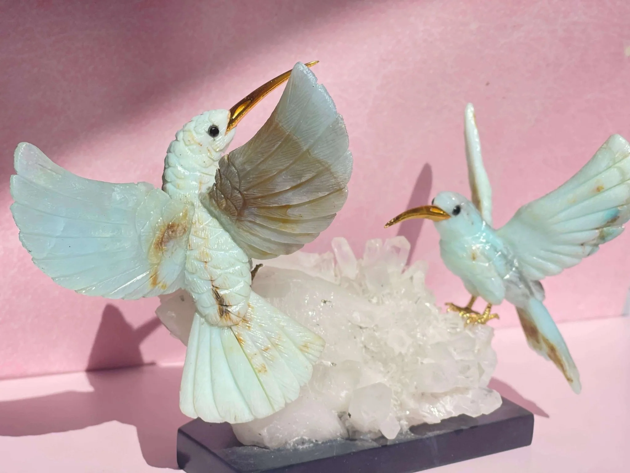 Harmony in Flight: Andean Blue Opal Hummingbird Sculpture on Quartz Base - Image 6