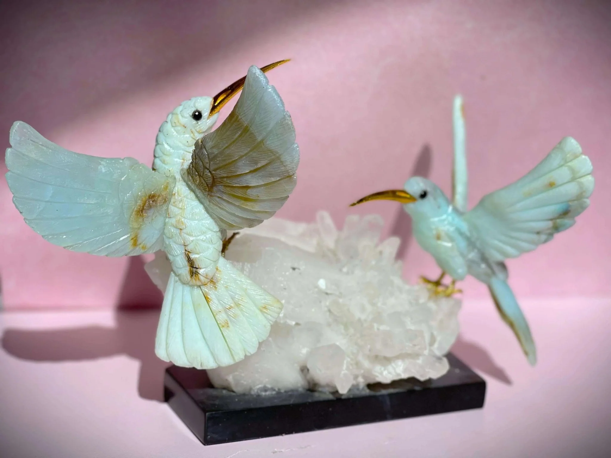 Harmony in Flight: Andean Blue Opal Hummingbird Sculpture on Quartz Base - Image 7