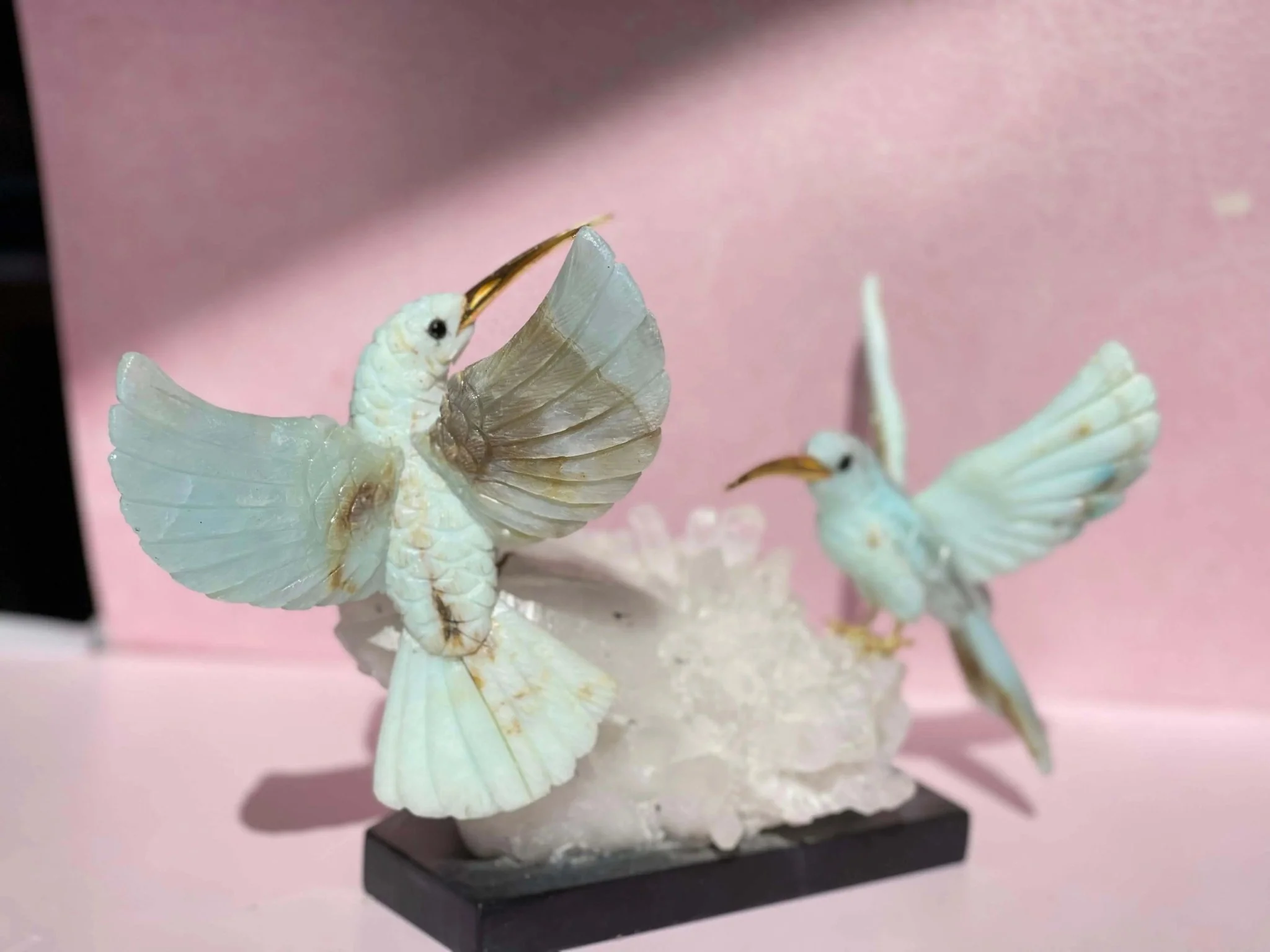 Harmony in Flight: Andean Blue Opal Hummingbird Sculpture on Quartz Base - Image 8