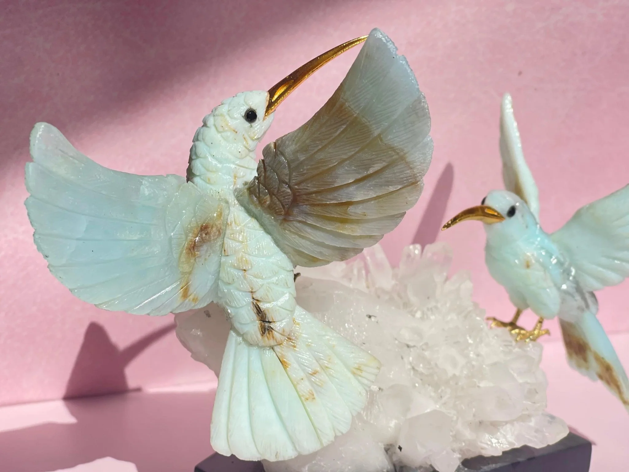 Harmony in Flight: Andean Blue Opal Hummingbird Sculpture on Quartz Base - Image 9