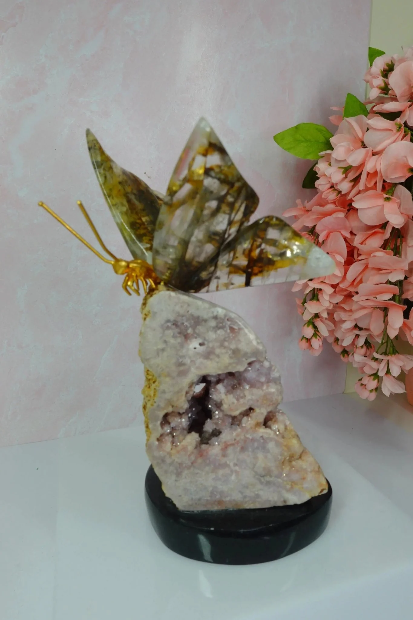 Golden Healer Crystal Butterfly on Pink Amethyst Base - Image 6